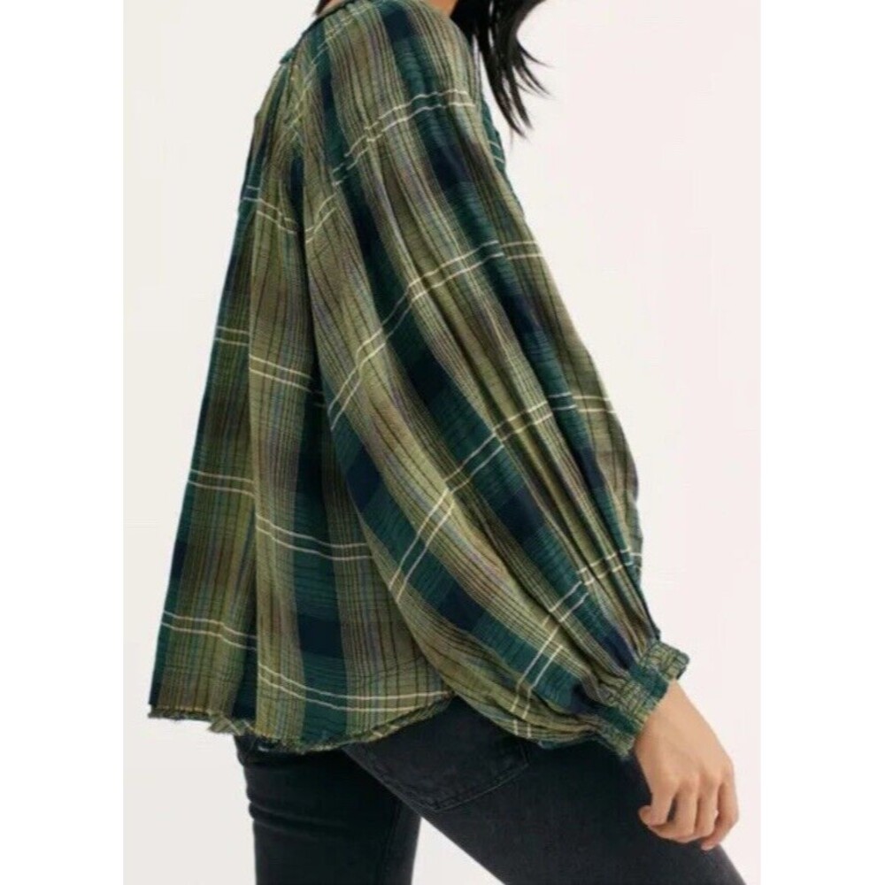 Free People Plaid Tunic Top Oversize Raw Hem Pullover Green Cloudbreaker XS - Picture 2 of 9
